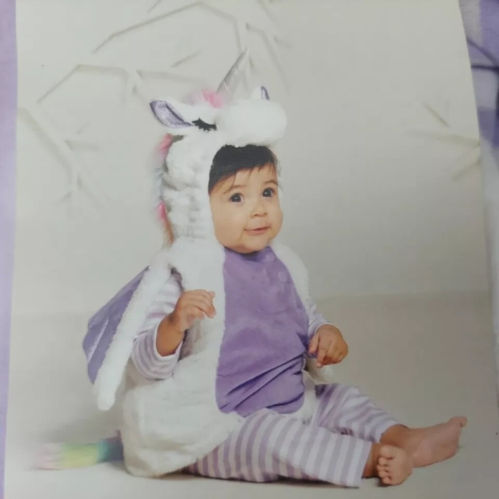 Unicorn Costume Baby 0-6M White Purple Hooded Wings Storybook Fantasy‎ Dress Up